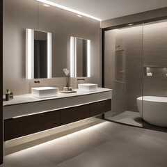 A modern bathroom with a double vanity, glass-enclosed shower, and marble tile4