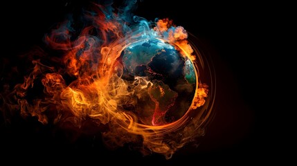 Molten earth globe engulfed in dramatic billowing smoke and fiery hues against a solid black backdrop