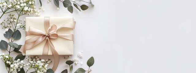 Photo of a ribbon wrapped around an elegant gift on the left side, with baby's breath and eucalyptus leaves scattered across it.