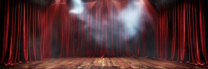 empty theater stage  with red  curtains Show Spotlight and smoke ,empty stage