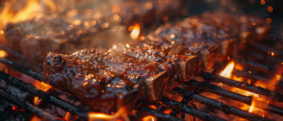 Hot and juicy beef steak sizzling on the flaming grill