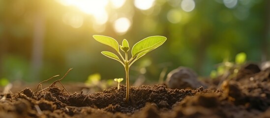 Young shoots growing in the garden with morning light. agricultural technology concepts for plant cultivation and research in the field of biology