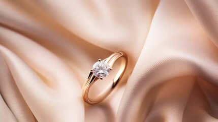 luxury engagement ring background on silky fabric A sparkling engagement ring rests on a cream-colored silk cloth.