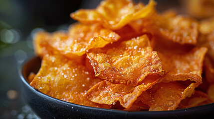 A bowl of crispy, orange chips. The chips are made from wonton wrappers