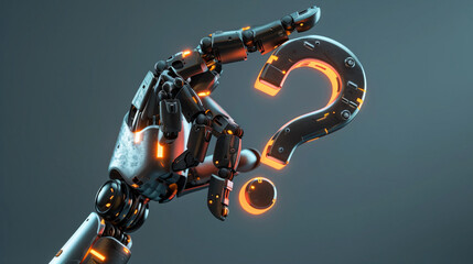 Composite image of composite image of robotic arm holding question mark 3d. Composite image of robotic arm holding question mark against grey vignette 3d