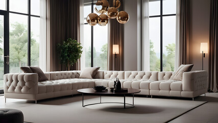 Minimalist interior design of modern living room, home. Villa with corner tufted modular sofa