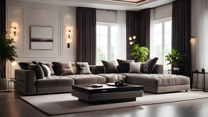 Minimalist interior design of modern living room, home. Villa with corner tufted modular sofa