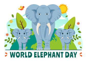 Happy World Elephant Day Vector Illustration on 12 August with Elephants Animals for Salvation Efforts and Conservation in Flat Cartoon Background