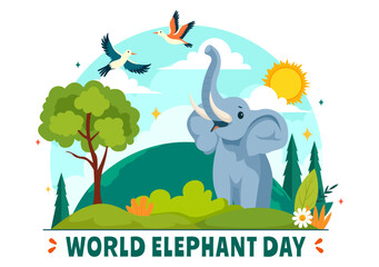 Happy World Elephant Day Vector Illustration on 12 August with Elephants Animals for Salvation Efforts and Conservation in Flat Cartoon Background