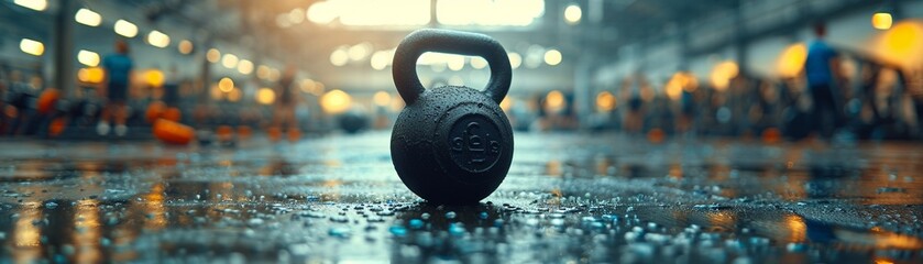 A black kettlebell is placed on the gym floor, with people exercising in the background, creating a dynamic atmosphere 8K , high-resolution, ultra HD,up32K HD