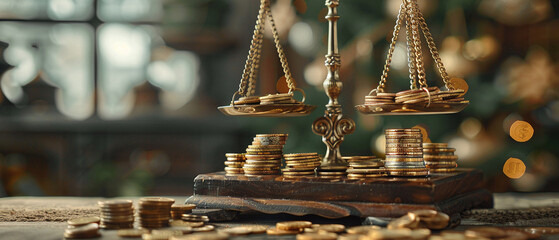 a scales with various financial products and currency, investment balance - obrazy, fototapety, plakaty