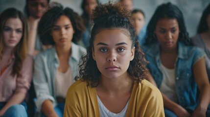 Obraz premium A young woman is sitting alone in group therapy, surrounded by women with sad faces, looking at her intently.