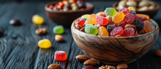 An image of a wooden bowl filled with vibrant hard tack candy, complemented by bowls of nuts and more candy, set against a dark background 8K , high-resolution, ultra HD,up32K HD - Powered by Adobe