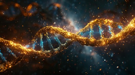 An aweinspiring sight a golden and blue DNA helix, glowing brightly in the emptiness of space 8K , high-resolution, ultra HD,up32K HD