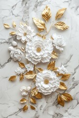 A white background features a floral bouquet decoration with golden leaves and flowers.