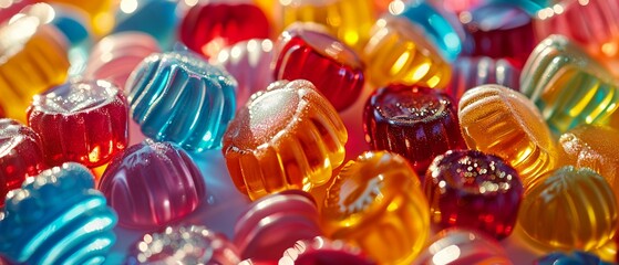 A closeup view of a pile of hard candies, revealing their glossy finish and bold colors 8K , high-resolution, ultra HD,up32K HD