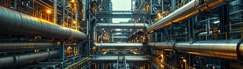 An industrial building with a network of pipes running along its exterior, connected by catwalks that crisscross the structure 8K , high-resolution, ultra HD,up32K HD