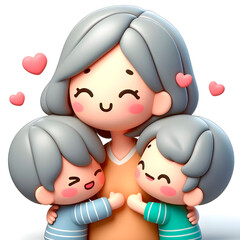 The loving and cheerful grandma is receiving hugs and affection from her grandkids.