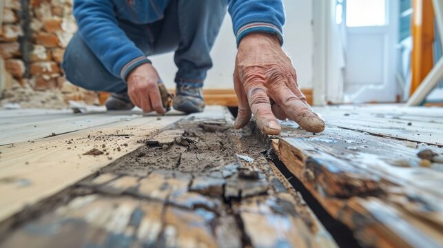 close-up of a homeowner inspecting a termite-damaged wooden floorboard,