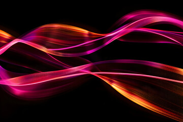 Dynamic neon curves with pink and orange glowing edges. Captivating abstract art on black background.