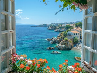 View of the Mediterranean Sea from the open window. Flowers overlooking the ocean and coastal towns. Picturesque coastal landscape. sea ​​view coastal resort，Breathtaking Mediterranean Coastal Land

