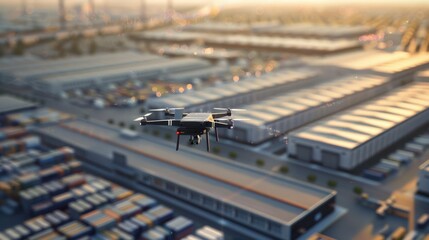 drone flying over a vast warehouse complex, capturing the aerial perspective of a global distribution hub connecting businesses worldwide. 