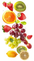 a grouping of bouncing kiwis, strawberries, grapes, oranges, lemons and peaches