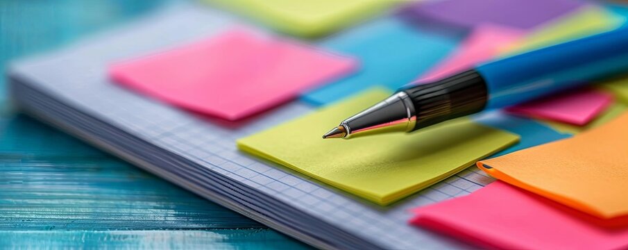 Closeup of sticky notes and a marker pen on an open notepad during a creative brainstorming session