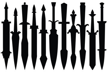 Set of old daggers black Silhouette Design with white Background and Vector Illustration