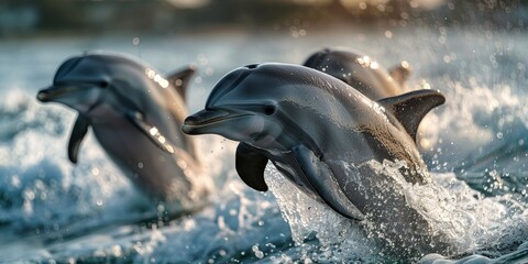 Several dolphins jumping in the waves,Playful Dolphins Leaping in Ocean Waves - 4K HD Wallpaper