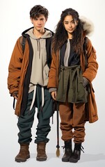 Couple of teenagers dressed in casual winter clothing and terracotta-colored winter parkas.