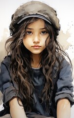 Watercolor of a beautiful girl of about 10 years old with a large gray cap.