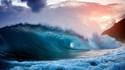 Blue ocean wave with white foam at sunset - Powered by Adobe
