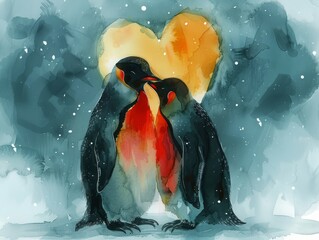 Lovebirds Embrace: Cute Penguin Couple Hugging in Yellow Heart Background