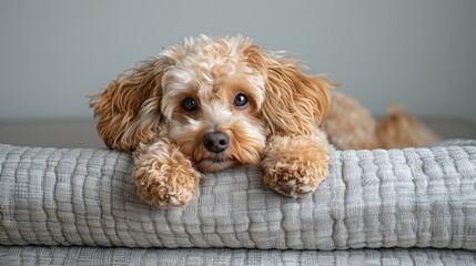 An image of a poodle dog with big ears peeking out from one head on the left side, white background with copy space and blank right side, in photo realistic style, Curious Brown Poodle Dog Peeking 