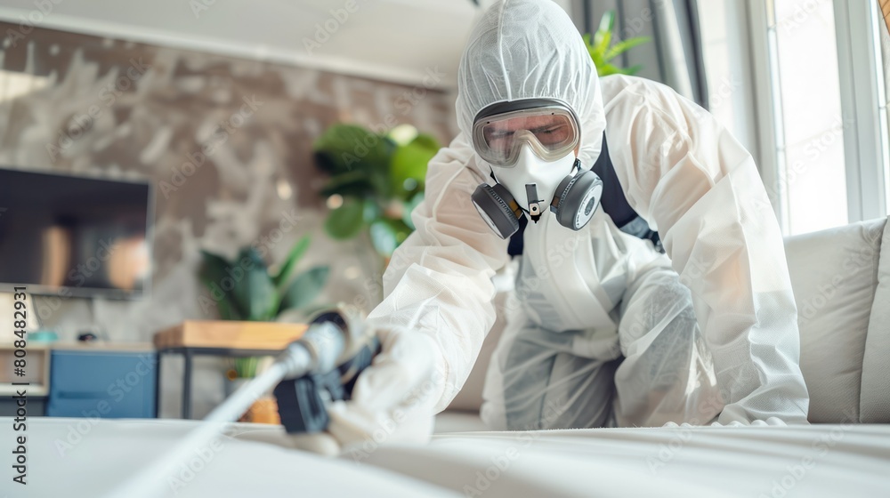 Wall mural pest control technician wearing a protective suit and mask while treating a home for bed bugs,