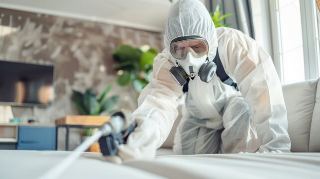  pest control technician wearing a protective suit and mask while treating a home for bed bugs,  - Powered by Adobe