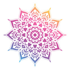 Round gradient mandala on white isolated background. Vector boho mandala in green and pink colors. Mandala with floral patterns. Yoga template