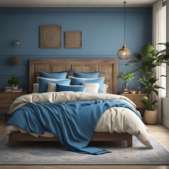  Bed with blue and beige bedding. Boho, farmhouse interior design of modern bedroom. 