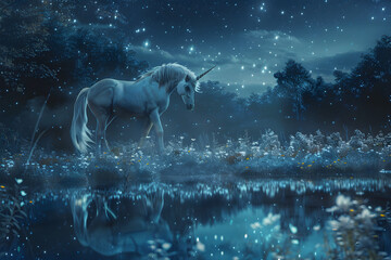 Mystical Unicorn Under Starlit Sky: A Fantasy Art Depicting Legendary Myths and Folklore