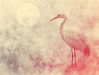 A beautiful watercolor painting of a crane standing in a field of grass. The moon is rising in the background. The painting is done in shades of pink, orange, and yellow.