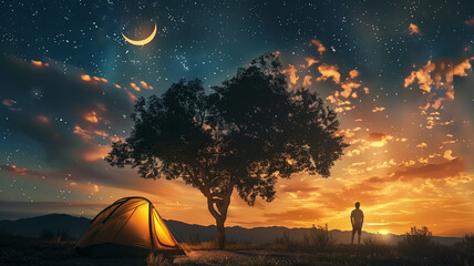 Person camping under the tree on the hill at night with crescent moon.