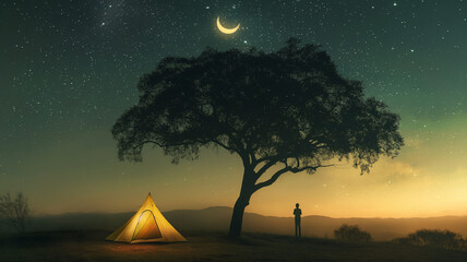 Person camping under the tree on the hill at night with crescent moon.