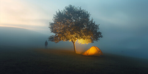 Person camping under the tree on the hill in the foggy morning