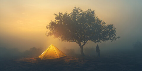 Person camping under the tree on the hill in the foggy morning