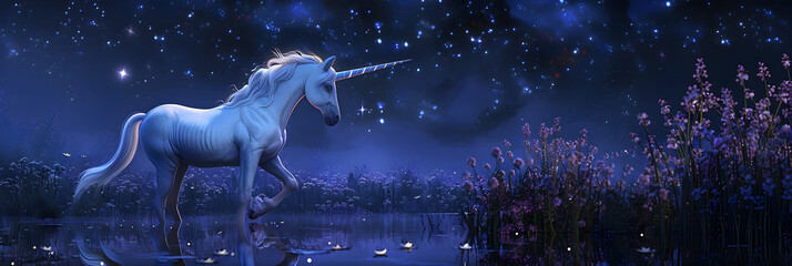 Mystical Unicorn Under Starlit Sky: A Fantasy Art Depicting Legendary Myths and Folklore