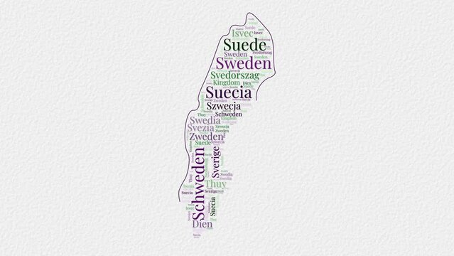 Sweden logo animation featuring a word cloud of country names in multiple languages on a paper-style background. Ideal for country presentations or introductions.