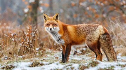 Fototapeta premium Fox on winter forest meadow with white snow Red fox hunting, vulpes vulpes, wildlife scene from Europe Orange furry animals in their natural habitat