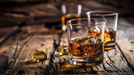 The whiskey glass is taken from an aesthetic angle for the global day of whisky, which invites everyone to try a dram and celebrate the water of life. - obrazy, fototapety, plakaty