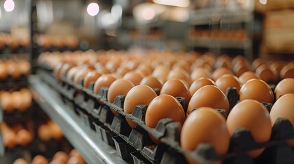 Shot of eggs in an egg factory. The focus is on closeups of fresh brown eggs lined up neatly against their cartons. emphasizing eco-friendly production practices